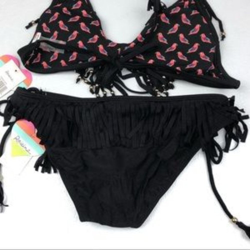 RAISINS Small bikini swimsuit 2 piece black fringe